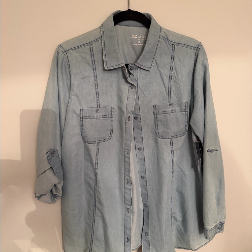 Maternity Light Blue Denim Shirt Flutter & Kick M NWT 48